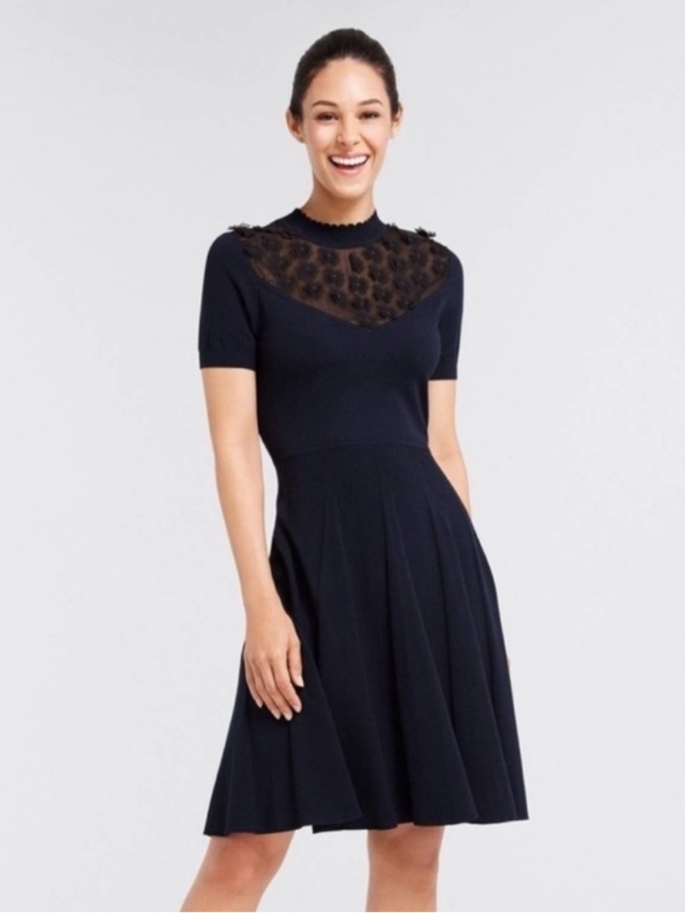 Draper James Navy Short-Sleeve Fit-and-Flare Dress with Lace Yoke women’s medium